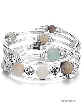 Multilayer Wrap Bangle Bracelet with Faux Pearl and Metal Beads